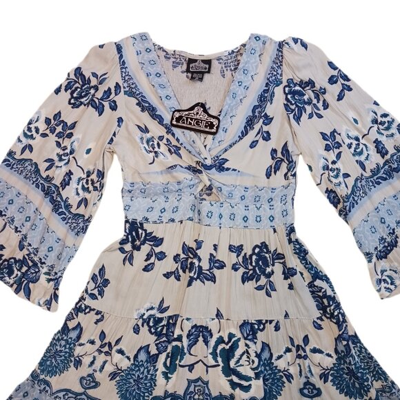 Angie Womens Size Medium Dress Boho Short Keyhole Blue Long Sleeve Ladies M - Picture 1 of 12